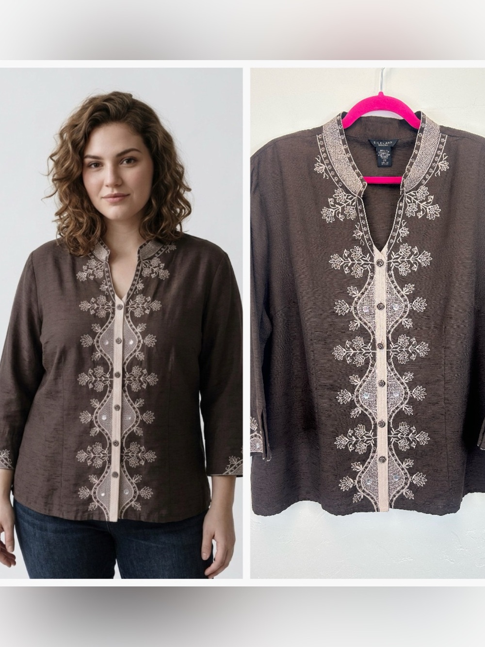 Silk Embroidered Boho Elegant‎ Button Up Blouse Size 2X 3/4 Sleeves Brown Travel